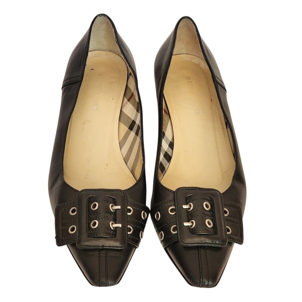 BURBERRY Black Leather Buckle Pointed Toe Low Heel Pumps 37.5 7